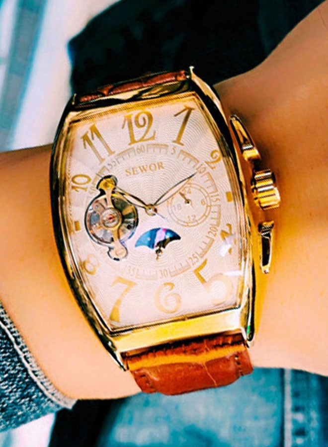 SEWOR Watches for Men Men Mechanical Watch Barrel Shaped Skeleton Design Leather Strap Waterproof Stylish and Trendy Men Watch High Appearance Value Cool and Popular Men Watch Best Choice - Image 3